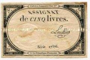 Frankreich, Assignat 5 Livres