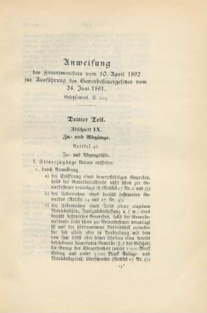 Anweisung des Finanzministers vom 10. April 1892 zur Ausführung des Gewerbesteuergesetzes vom 24. Juni 1891. Dritter Teil