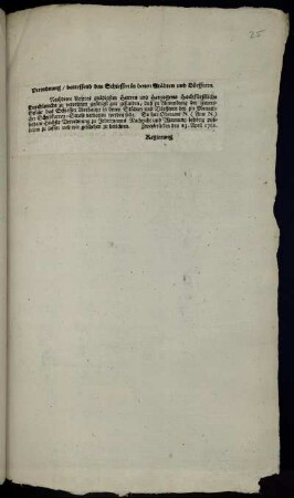 Verordnung, betreffend das Schiessen in denen Städten und Dörfferen : Zweybrücken den 23. April 1761.