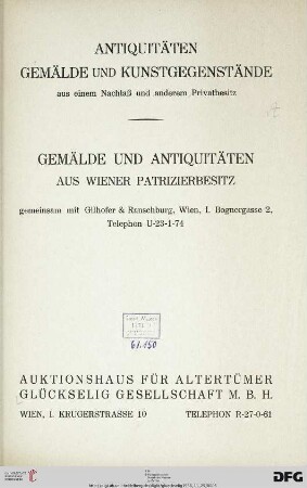 Antiquitäten, Gemälde und Kunstgegenstände aus einem Nachlaß und anderem Privatbesitz : [25., 26., 27. November 1936]
