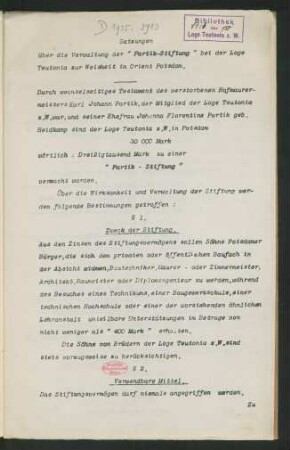 Satzungen über die Verwaltung der "Partik-Stiftung" bei der Loge Teutonia zur Weisheit im Orient Potsdam