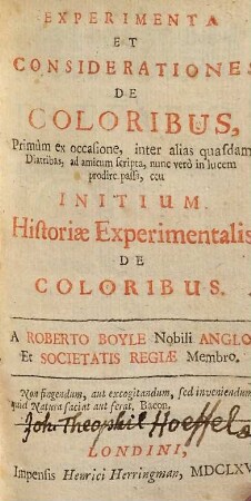 Experimenta Et Considerationes De Coloribus : ... ceu Initium Historiae Experimentalis De Coloribus