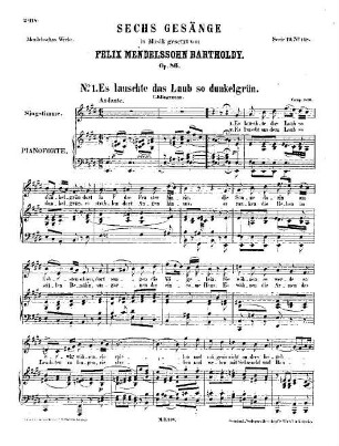 Felix Mendelssohn-Bartholdys Werke, 19,148. Nr. 148, Sechs Gesänge : op. 86. - 13 S. - Pl.-Nr. M.B.148
