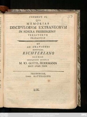 6: Commentatio ... Qva Memorias Discipvlorvm Extraneorvm In Schola Freibergensi Versatorvm Praemittit ...
