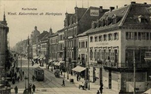 Postkartenalbum August Schweinfurth mit Karlsruher Motiven. "Karlsruhe - Westl. Kaiserstraße ab Marktplatz"