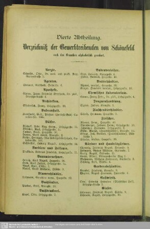 Vierte Abtheilung. Berufsklassen und Gewerbebetriebe : Vierte Abtheilung. Verzeichniß der Gewerbtreibenden v. Schönefeld