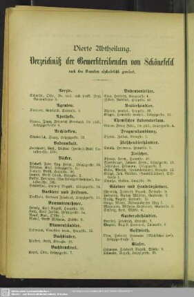 Vierte Abtheilung. Berufsklassen und Gewerbebetriebe : Vierte Abtheilung. Verzeichniß der Gewerbtreibenden v. Schönefeld