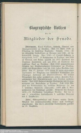 Biographische Notizen über die Mitglieder der Synode.