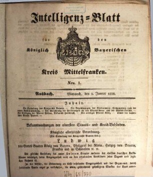 Königlich Bayerisches Intelligenzblatt für Mittelfranken. 1838
