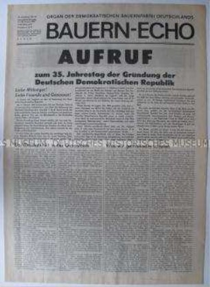 Tageszeitung der Demokratischen Bauernpartei "Bauern-Echo" mit dem Aufruf zum 35. Jahrestag der DDR
