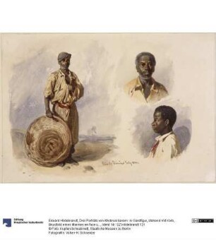 Drei Porträts von Afrobrasilianern: in Ganzfigur, stehend mit Korb, Brustbild eines Mannes en face und das eines Jungen im Profil