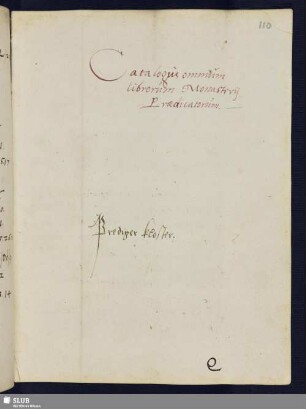 Catalogus omnium librorum Monastery Praedicarorum. Prediger Kloster.