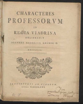 Characteres Professorum In Regia Viadrina