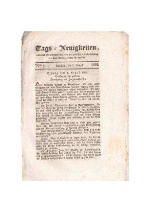 "Tags-Neuigkeiten No. 9; 2. August 1833
