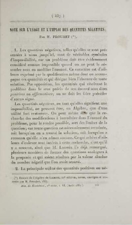 Note sur l'usage et l'emploi des quantités négatives.