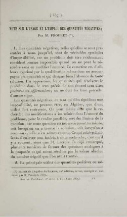 Note sur l'usage et l'emploi des quantités négatives.