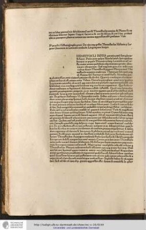 Plutarchi Historiographi greci de vita atque gestis Themistoclis historia per Lapum oratorem in latinum traducta incipit.