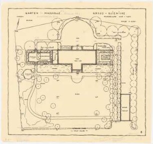 Garten am Landhaus Massolle, Berlin-Kladow: Plan des Gartens im Grundriss mit Gebäudeumrissen 1:200, Korrekturen