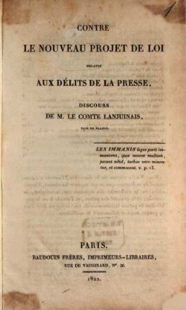 Contre le nouveau projet de loi relatif aux délits de la presse : Discours