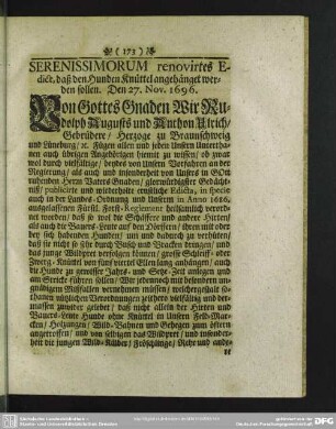 renovirtes Edict, daß den Hunden Knüttel angehänget werden sollen. Den 27. Nov. 1696