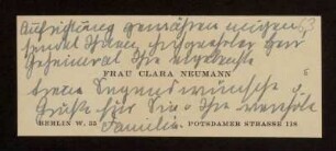 63: Visitenkarte von Clara Neumann für Otto von Gierke, Berlin, Januar 1921