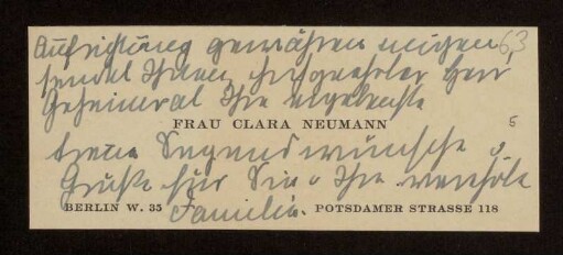 63: Visitenkarte von Clara Neumann für Otto von Gierke, Berlin, Januar 1921