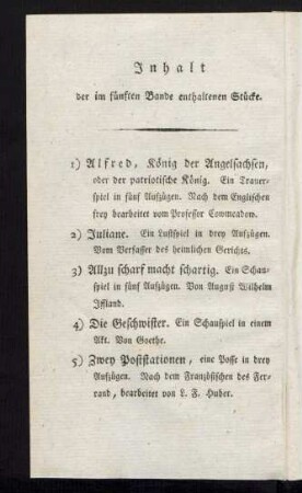 Inhalt der im fünften Bande enthaltenen Stücke