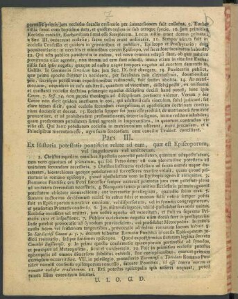 Pars III. Ex Historia potestatis pontificae relate ad eam, quae est Episcoporum, vel singulorum vel unitorum