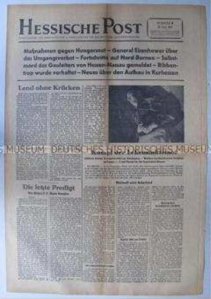 Nachrichtenblatt der US-Armee "Hessische Post" u.a. zur Ernährungslage und zur juristischen Aufarbeitung der Kriegsverbrechen
