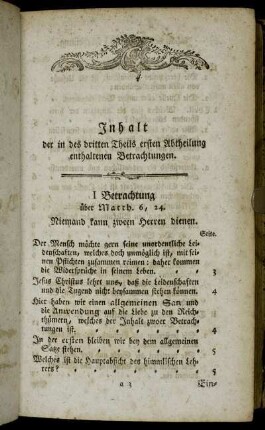 Inhalt der in des dritten Theils ersten Abtheilung enthaltenen Betrachtungen.