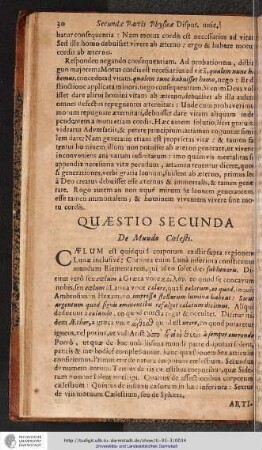 QUAESTIO SECUNDA. De Mundo Caelesti.