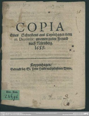 Copia eines Schreibens aus Copenhagen vom 16. Dec. nach Nürnberg