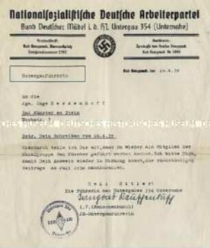 Schreiben der BDM-Untergauführerin an ein Mitglied mit der Aufforderung zur Zahlung ausstehender Beiträge