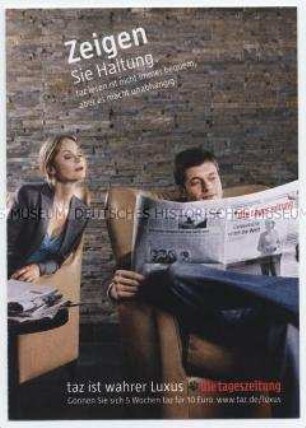 Werbepostkarte der Tageszeitung "taz", mit Abo-Bestellkarte