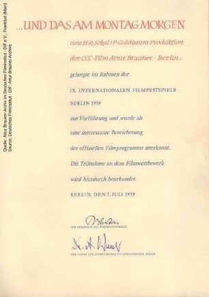 Urkunde über die Aufführung im Rahmen der Internationalen Filmfestspiele Berlin 1959