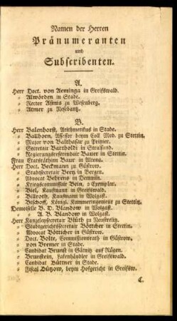 Namen der Herren Pränumeranten und Subscribenten