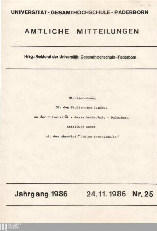 Studienordnung für den Studiengang Landbau an der Universität - Gesamthochschule - Paderborn, Abteilung Soest mit dem Abschluß "Diplom-Ingenieur/in" : 24.11.1986