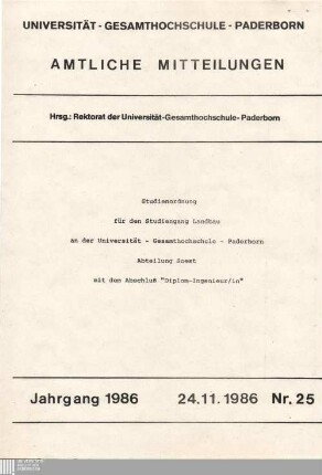 Studienordnung für den Studiengang Landbau an der Universität - Gesamthochschule - Paderborn, Abteilung Soest mit dem Abschluß "Diplom-Ingenieur/in" : 24.11.1986
