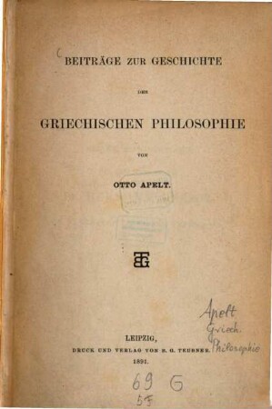 Beiträge zur Geschichte der griechischen Philosophie