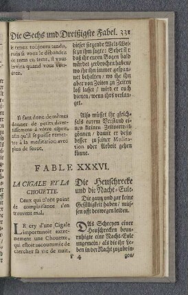 Fable XXXVI. La cigale et la chouette. Die Heuschrecke und die Nacht=Eule.