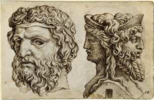 Zwei antike Köpfe, rechts: Doppelherme des Bacchus