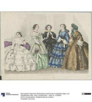 Allgemeine Modenzeitung: fünf Damen in eleganten Tages- und Abendkleidern: Ball-, Haus- und Besuchstoiletten