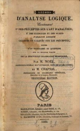 Leçons d'analyse logique ... par François Joseph Noël et Chapsal ...