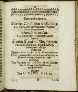 Die dritte Leichpredigt. Bey der Christlichen Bestattung/ Des [...] Knabens Georgii Turcken [...]