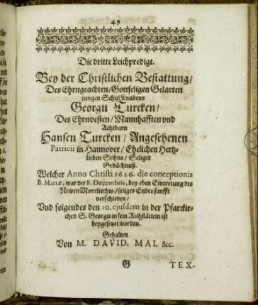 Die dritte Leichpredigt. Bey der Christlichen Bestattung/ Des [...] Knabens Georgii Turcken [...]