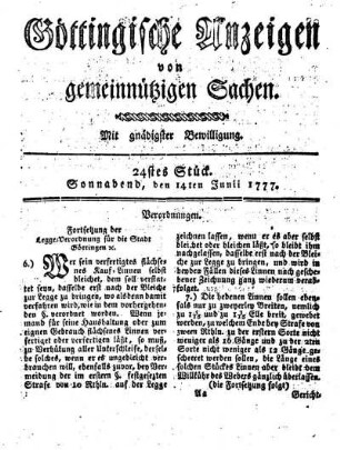 24stes Stück. Sonnabend, den 14ten Junii 1777.