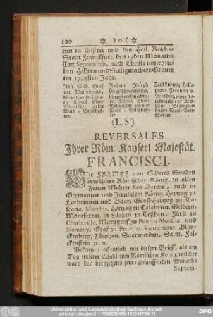 Reversales Ihrer Röm. Kayserl. Majestät. Francisci.