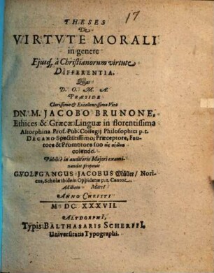 Theses de virtute morali in genere, eiusque a Christianorum virtute differentia