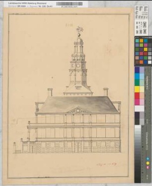 Entwurf einer Kirche. Z.T. kolorierte Probezeichnungen des Zimmerers Cornel Bücken aus Haaren. Ansichten