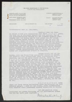 Brief von Bernhard Ercklentz an Gerhart Hauptmann